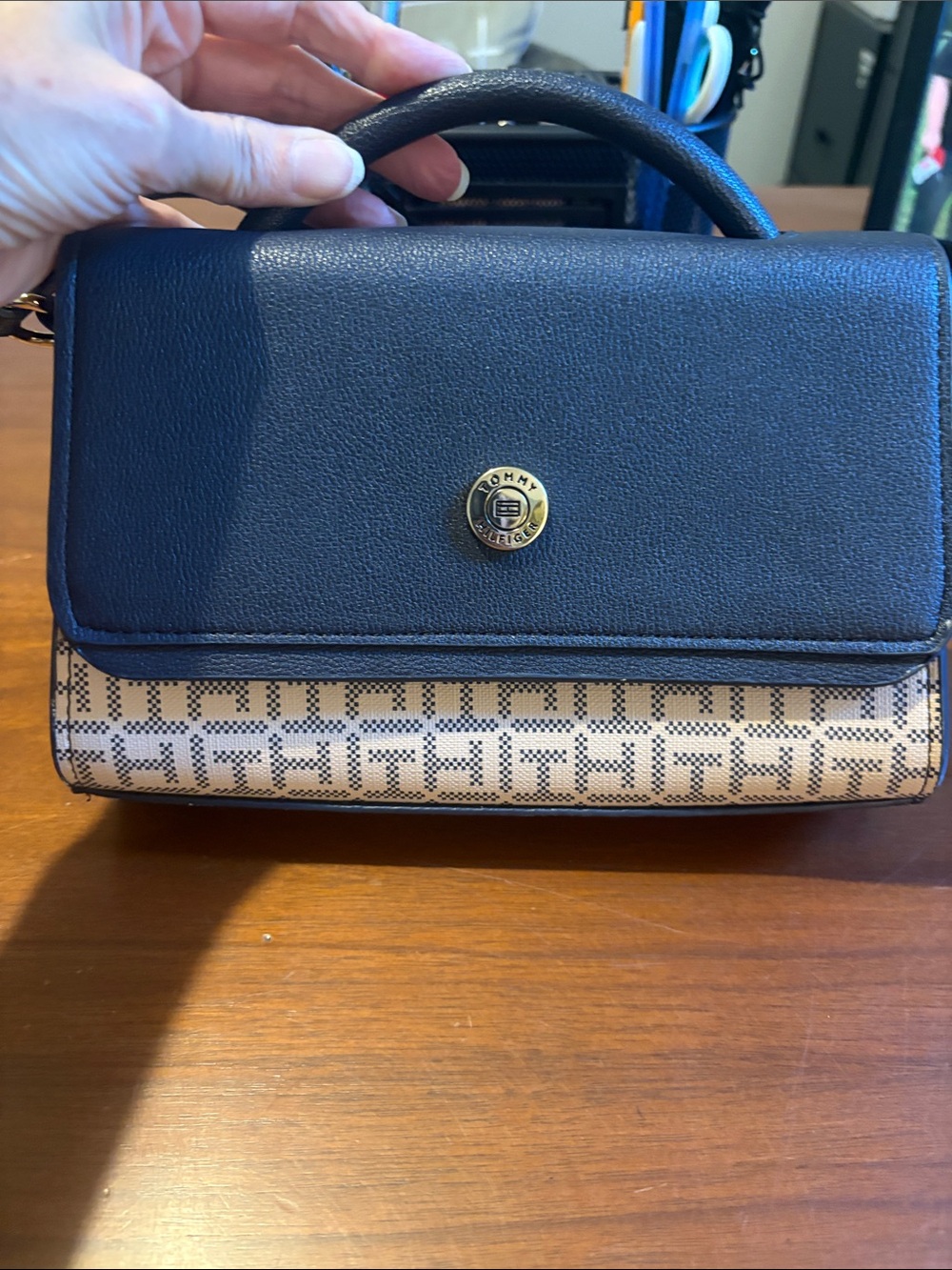 Tommy Hilfiger Navy and Beige Signature Top-Handle Satchel